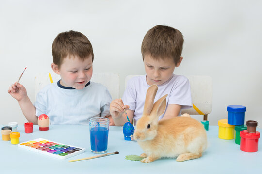 Children paint Easter eggs. The boys sit at a table with paints spread out. On the table is a live Easter orange rabbit. Preparing for Easter, a fun activity for children. horizontal photo
