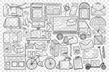 Post office and sending letters doodle set. Collection of hand drawn post office and box truck for delivering post bicycle for postman bag dove with letter scooter isolated on transparent background