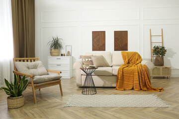 Stylish living room interior with comfortable sofa and armchair