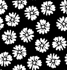 White random placed vector flowers as cropped seamless pattern with black background.
