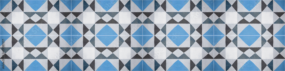 Poster blue white traditional motif tiles texture background banner panorama - vintage retro cement tile wi