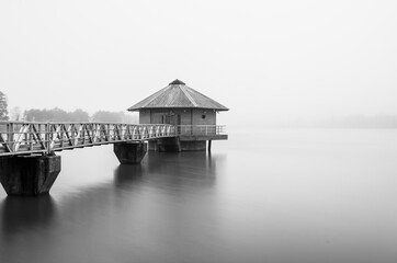 water house in the fog