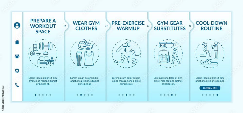 Poster home physical training tips onboarding vector template. gym clothes. gear substitutes. cool-down rou