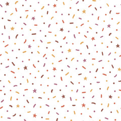 Seamless pattern with multicolored sprinkles and stars. Abstract dessert, confectionery, confetti, birthday party background