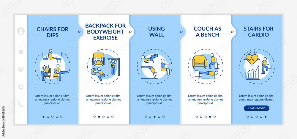 Poster gym training alternatives onboarding vector template. backpack for bodyweight exercise. stairs for c