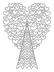 Obraz premium Happy Valentine Day blooming tree stock vector illustration. Fantasy plant with hearts coloring page for kids and adults. Detailed spring and summer tree black outline isolated on white background