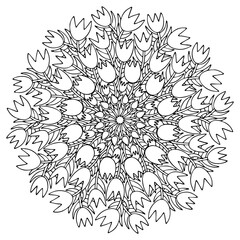 Blooming tulips mandala stock vector illustration. Spring season floral mandala coloring page for children and adults. Elegant tulip printable colouring book page for printing and fun. One of a series