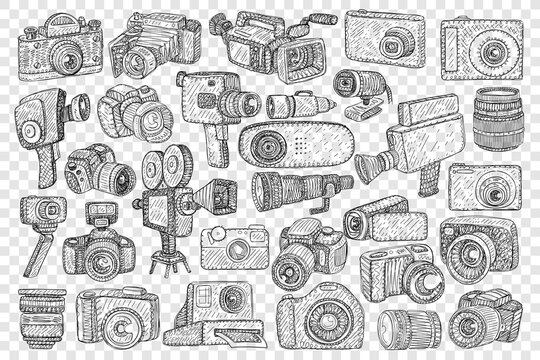 Photo cameras and tripods doodle set. Collection of hand drawn digital and film camera on tripods and lens for making pictures and enjoying hobby profession isolated on transparent background