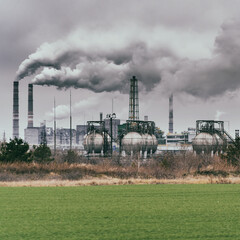 View of a chemical plant with Smoking chimneys