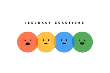 Feedback emoji reactions. Round colorful emotions, cartoon emoticons happy sad laughing smiley faces. Vector illustration