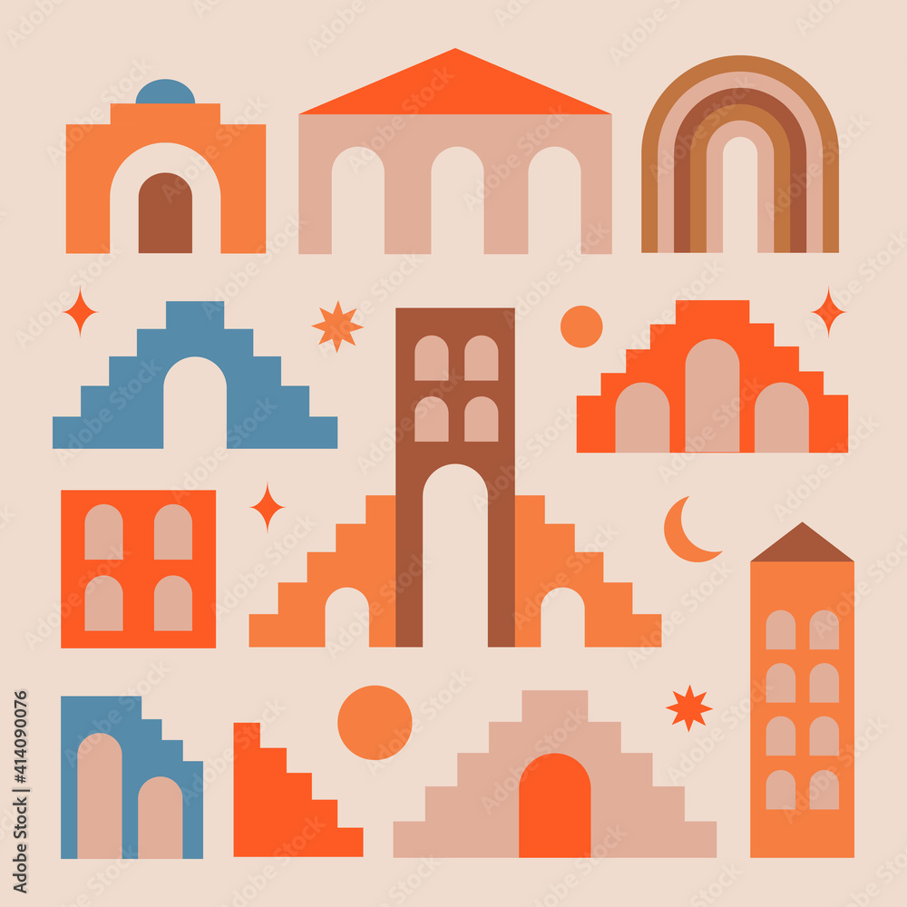 Poster modern abstract aesthetic set geometric architecture elements in boho style. mid century vector desi