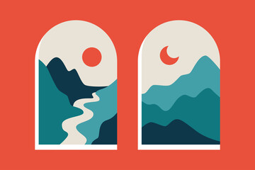 Abstract mountain landscape print. Contemporary posters with window view, boho nature design. Vector illustration