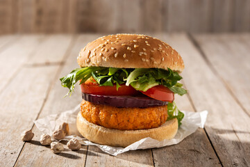 Delicious healthy chickpea burger. Alternative diet. Veganism food concept. 