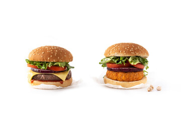 Beef burger vs chickpea burger isolated on white background