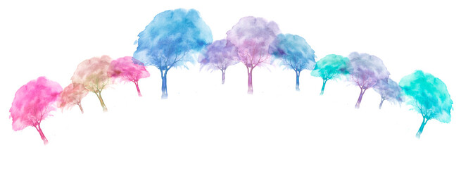 Watercolor pink, purple, lilac trees. Planet Earth. Blooming cherry, sakura. pink Tree. Summer, Spring landscape. Silhouettes of forest. Blooming garden On a white background. Multicolored bushes 