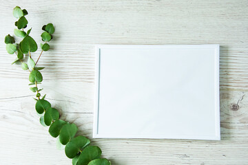 white photo frame on a light wooden background with a branch of eucalyptus near