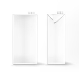 Milk or juice package mockup, white carton box, blank pack with screw lid front and side view. Container for liquid production, isolated packing object, Realistic 3d vector illustration, mock up