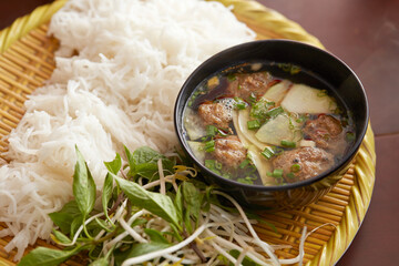 bun cha, grilled pork rice noodles and herbs