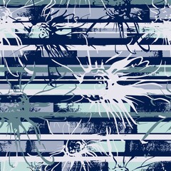 Seamless pattern with stripes and flowers. A brush mark. Grey, olive green background.