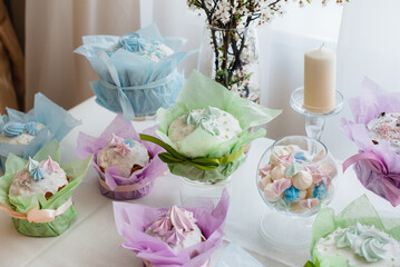 Beautiful Easter cakes on a decorated light table. A light holiday of Easter.