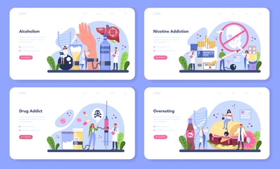 Addiction web banner or landing page set. Idea of medical treatment