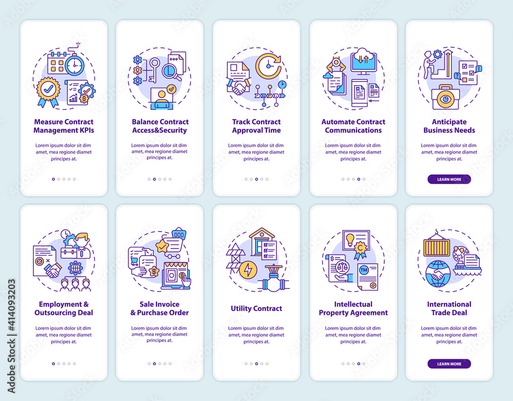 Poster contract management onboarding mobile app page screen with concepts set. contract lifecycle steps wa