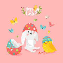 Obraz na płótnie Canvas Cute easter card with pets. Cartoon bunny and chicken with broken eggs, vector illustration decoration with rabbit and butterflies on pink background for celebrating spring day
