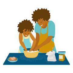 Concept of home cooking with child. Mother and daughter cooking on kitchen. Eggs and bag of flour on table. Kid helps parents. Happy motherhood and joint activities. Flat vector illustration