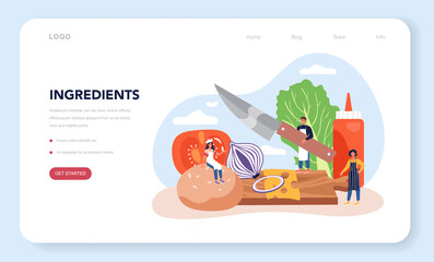 Fast food, burger house web banner or landing page. Chef cook tasty