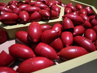 many wooden toys of sweet potato in the museum for children to play design for imitation and learning concept