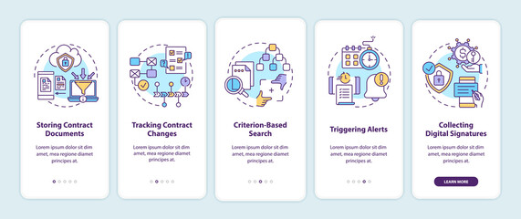 Contract management software functions onboarding mobile app page screen with concepts. Storing documents walkthrough 5 steps graphic instructions. UI vector template with RGB color illustrations