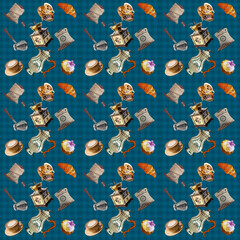 Background with coffee, coffee grinder, a cup of coffee, cake, sandwich, croissant, geometric seamless pattern, pattern, seamless wallpaper on a coffee theme