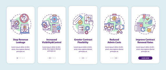 Contract management automation benefits onboarding mobile app page screen with concepts. Stop revenue leakage walkthrough 5 steps graphic instructions. UI vector template with RGB color illustrations