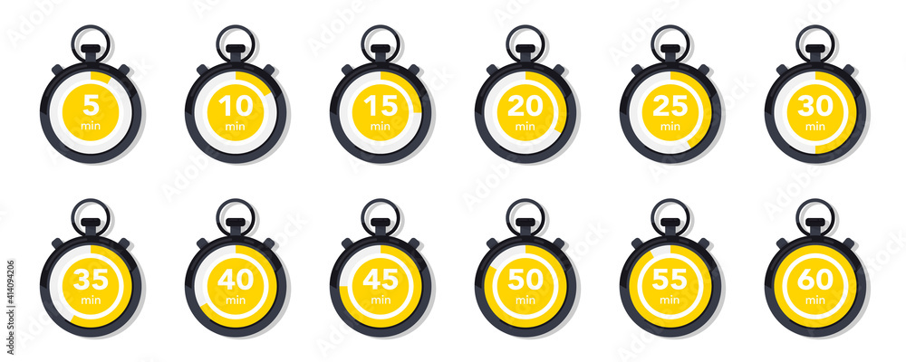 Poster flat collection with stopwatch. timer icon set. clock vector icons. countdown minutes. collection of