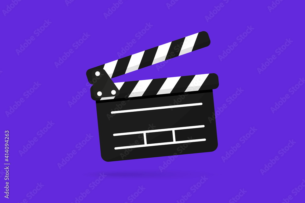 Poster black clapper board icon with button player in flat style. clapperboard vector illustration. movie f