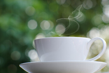 Coffee cup on table background and coffee in the morning