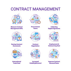 Contract management concept icons set. Contract lifecycle steps. Efficient management tips idea thin line RGB color illustrations. Vector isolated outline drawings. Editable stroke