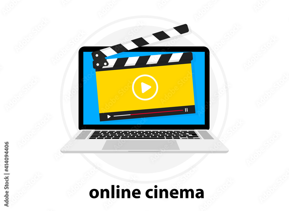 Leinwandbilder Clapperboard with online video player. Video tutorial. Online Movie. Online cinema of clapper board video player. Laptop with video player on screen. Notebook with live stream window