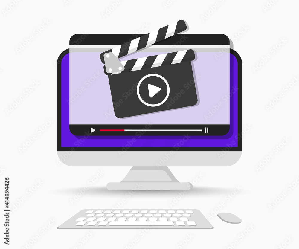 Poster computer screen with video player interface. clapperboard with online video player windows. live str