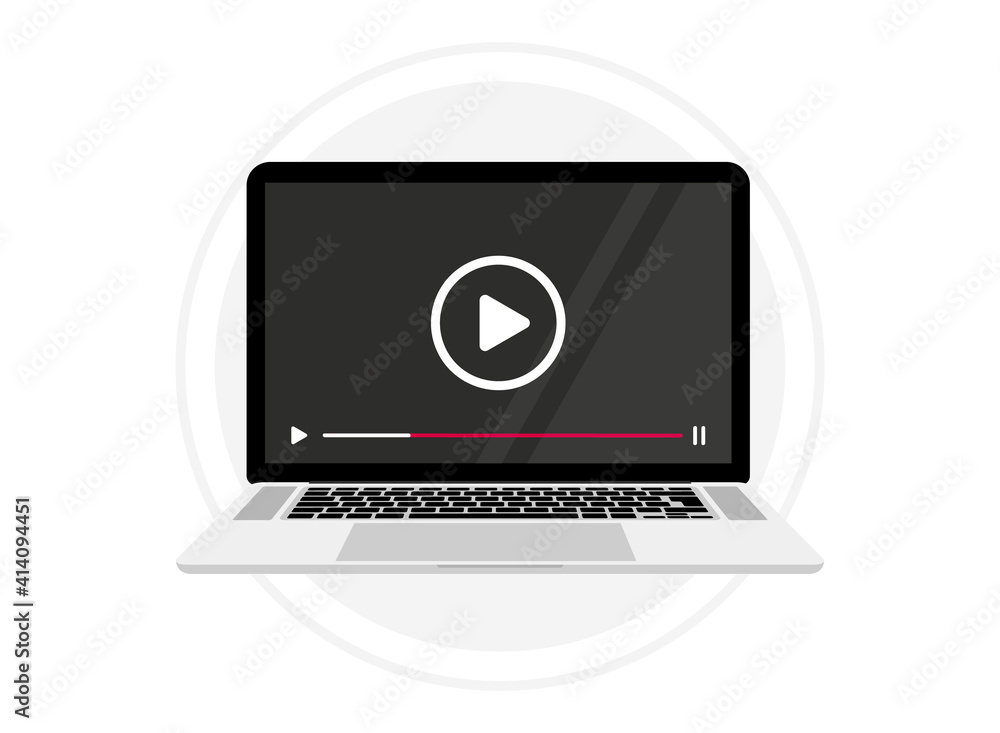 Leinwandbilder Screen Laptop with video player on screen. Computer with mock up live stream window. Notebook with video player. Concept of Online video, movie, education, web course webinar, training, video tutorial