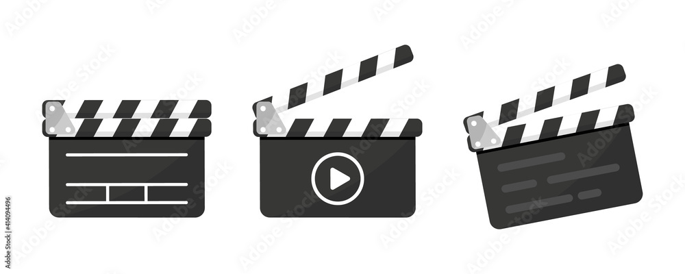 Aufkleber set of black clapper board icon with button player in flat style. clapperboard vector illustration. 