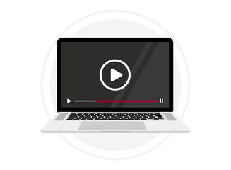 Screen Laptop with video player on screen. Computer with mock up live stream window. Notebook with video player. Concept of Online video, movie, education, web course webinar, training, video tutorial