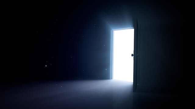 Door Opening to the brilliant Future, way to Heaven and Success. 3D illustration.