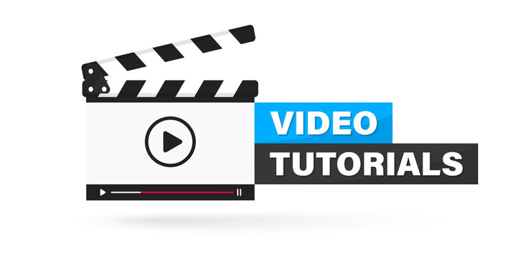 Video tutorial icon, emblem, label, Button. Clapperboard with running online video player. Movie or online cinema design of clapper board video player. Video editor or film production. Online cinema