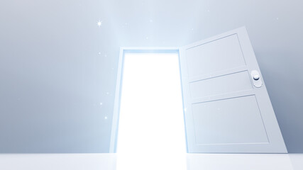 Door Opening to the brilliant Future, way to Heaven and Success. 3D illustration.