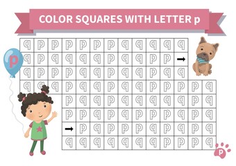 Printable game. Worksheet for kids. Exercise about letter reversals q and p. Maze with girl and french bulldog, Page a4, Vector.