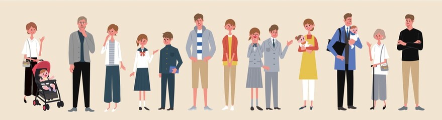 年齢別の男性と女性　大人数の人々　イラスト　
