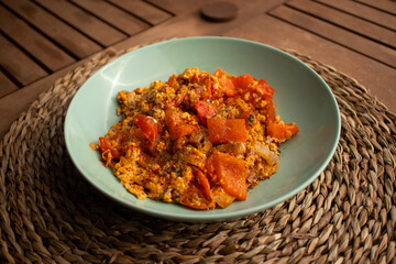 Hungarian letcho nicely served on a brown placemat