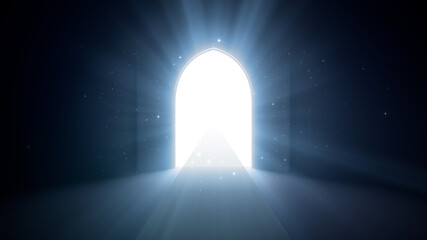 Door Opening to the brilliant Future, way to Heaven and Success. 3D illustration.