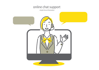オンラインチャットでカスタマーサポートをするオペレーターの女性のシンプルでおしゃれな線画イラスト
